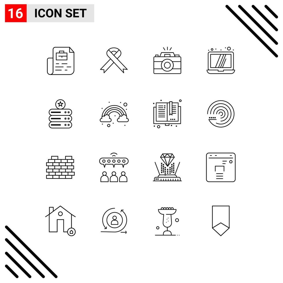 Modern Set of 16 Outlines Pictograph of server data camera technology computer Editable Vector Design Elements