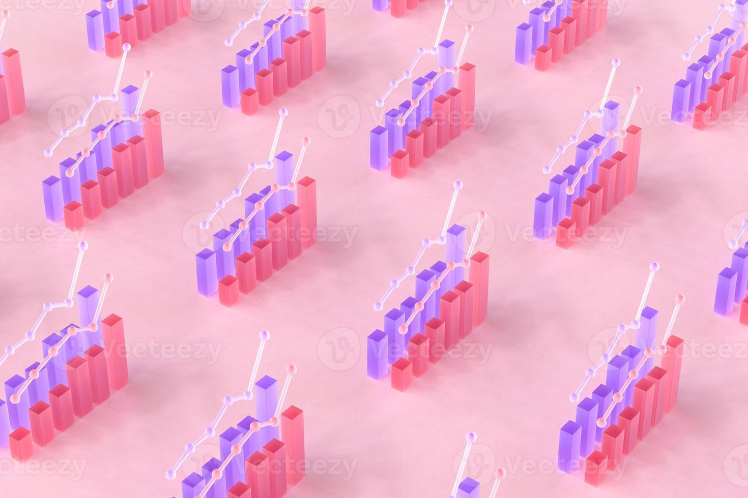 Rows of financial charts on pink surface. 3d render photo