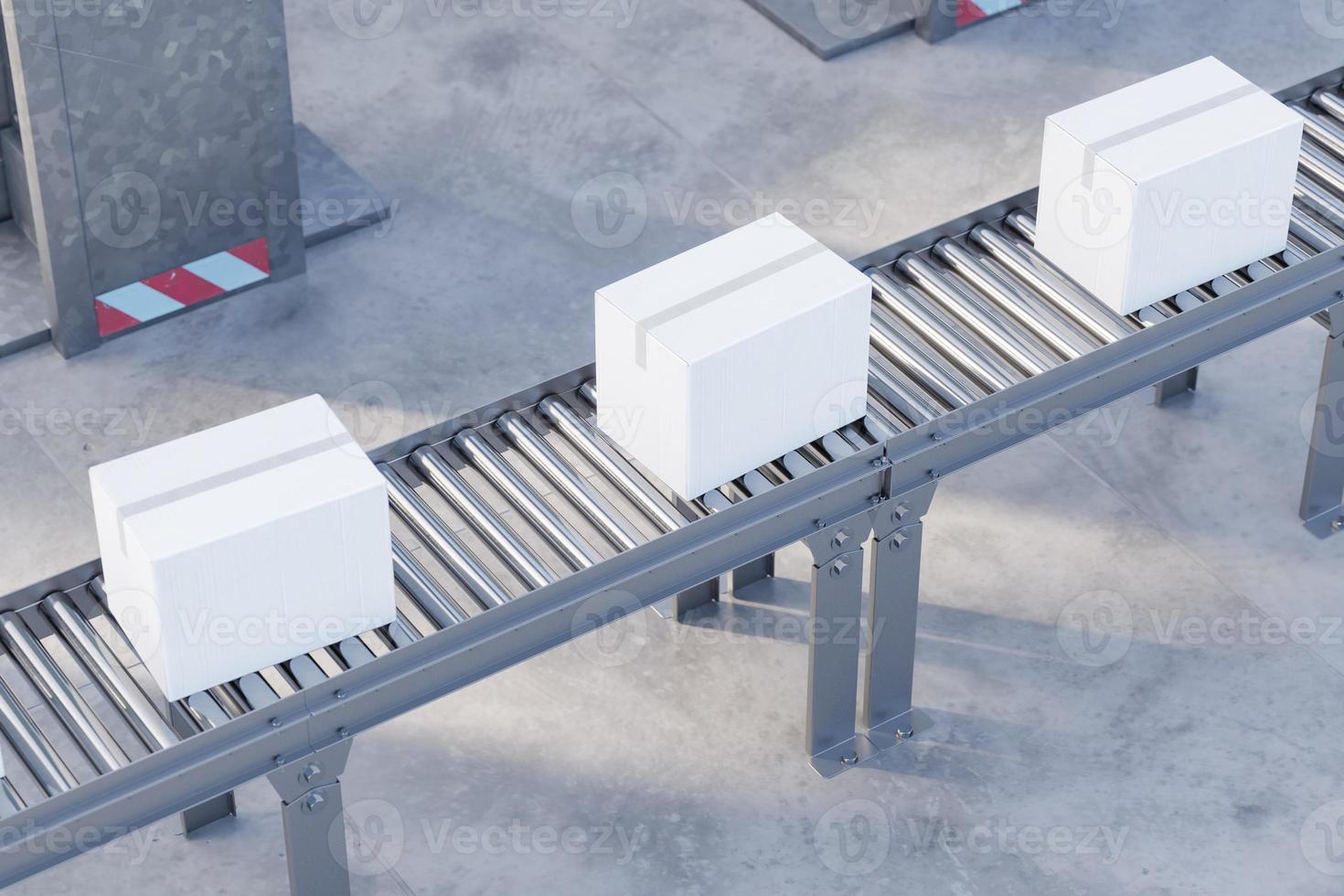 3D Illustration. Cardboard boxes on conveyor belt in a warehouse. photo