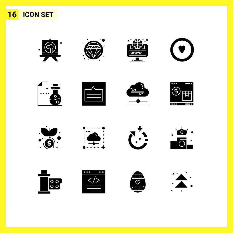 Modern Set of 16 Solid Glyphs Pictograph of science flasks globe chemistry heart Editable Vector Design Elements