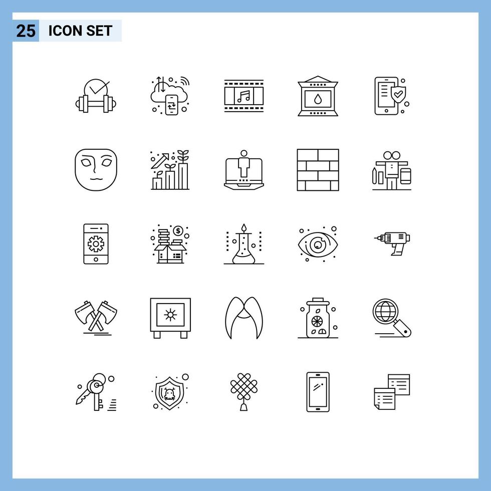 paquete de 25 líneas modernas, signos y símbolos para medios de impresión web, como linterna de teléfono, lámpara de Internet, tira de película, elementos de diseño de vectores editables