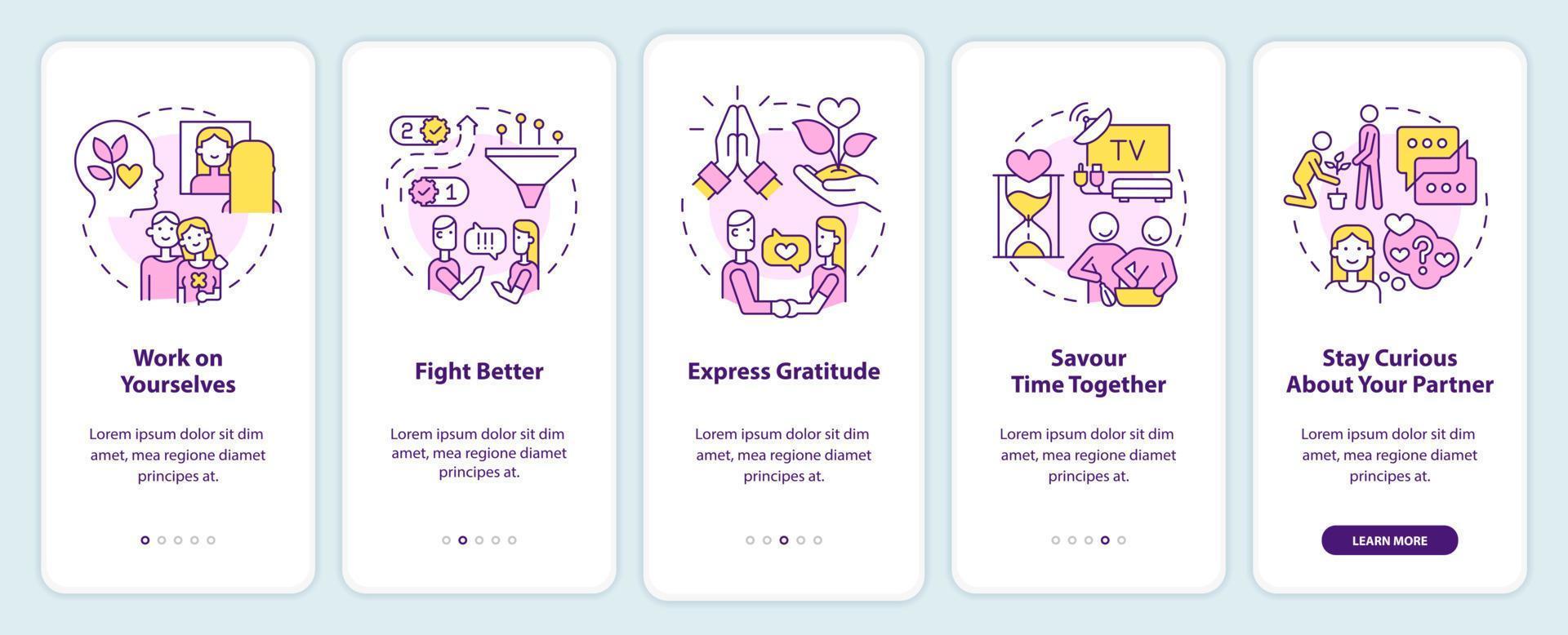 How to save relationship onboarding mobile app screen. Fight better walkthrough 5 steps editable graphic instructions with linear concepts. UI, UX, GUI template. vector