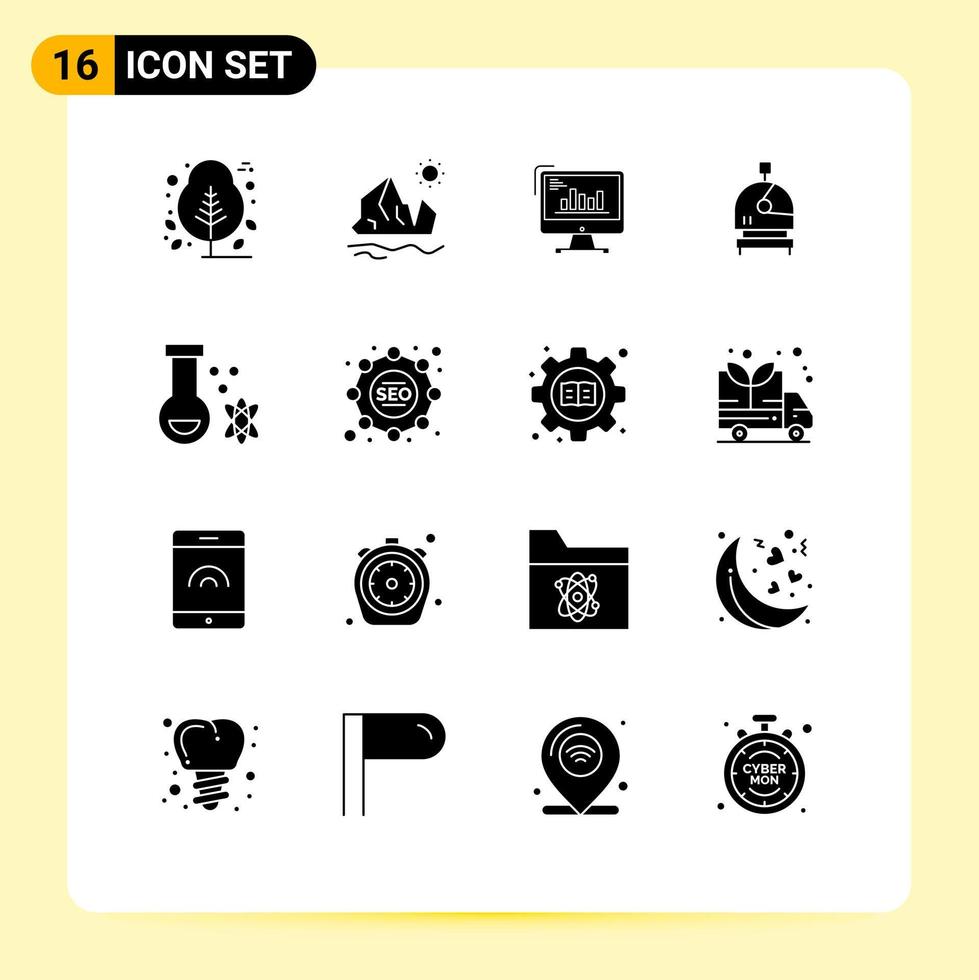 16 Universal Solid Glyphs Set for Web and Mobile Applications helmet trends melting marketing computer Editable Vector Design Elements