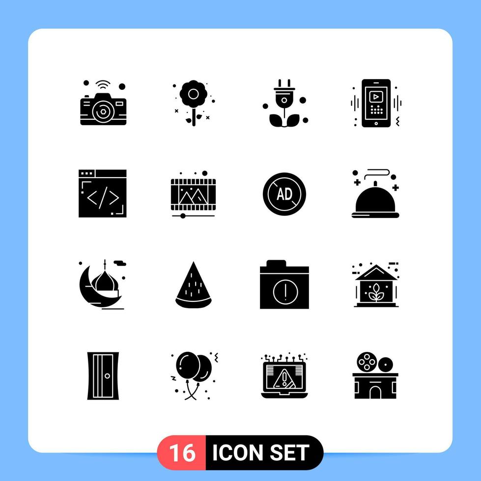 16 Universal Solid Glyph Signs Symbols of mobile video holiday smart science Editable Vector Design Elements