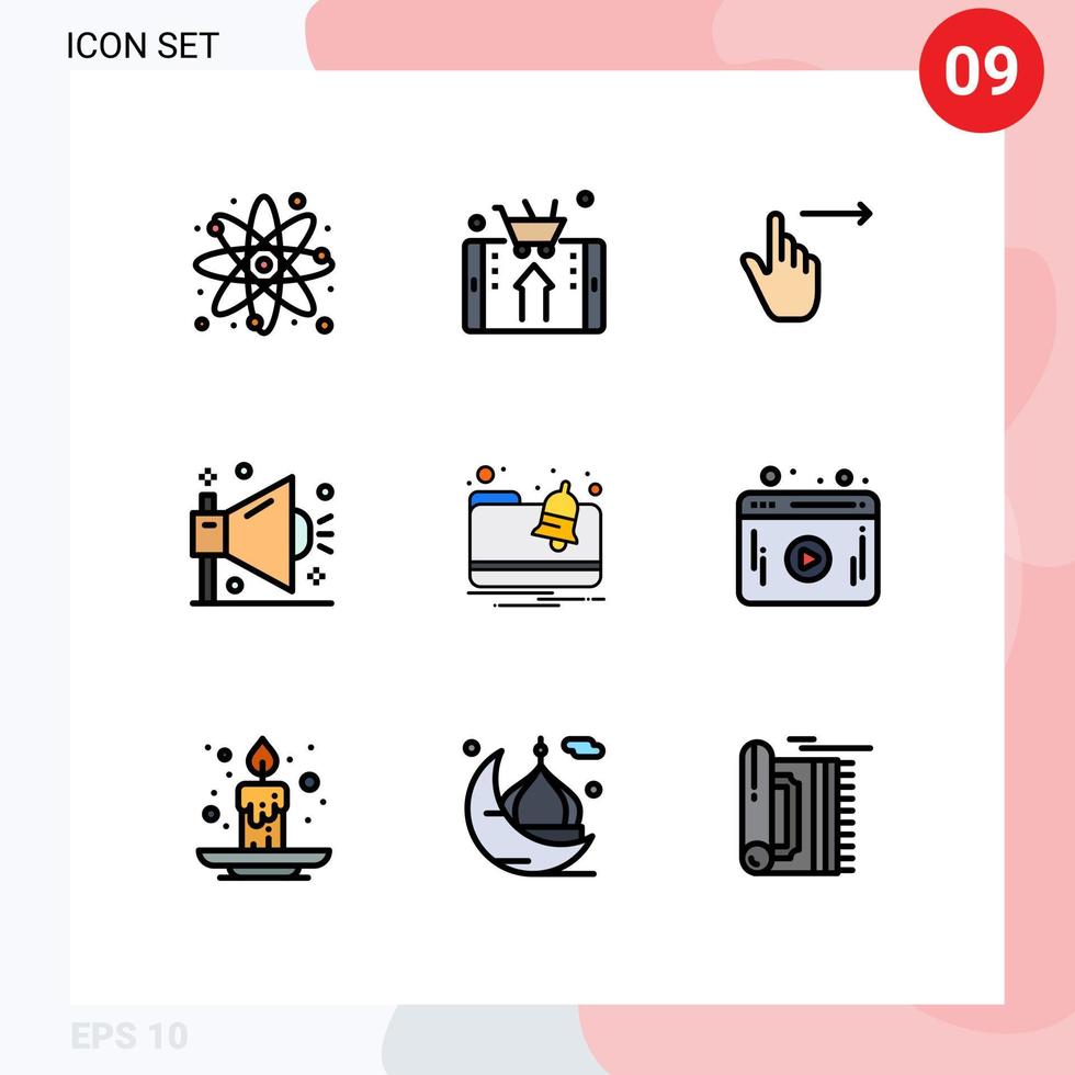 paquete de color plano de línea de llenado de 9 símbolos universales de optimización de compras comerciales deslizar hacia la derecha elementos de diseño vectorial editables vector