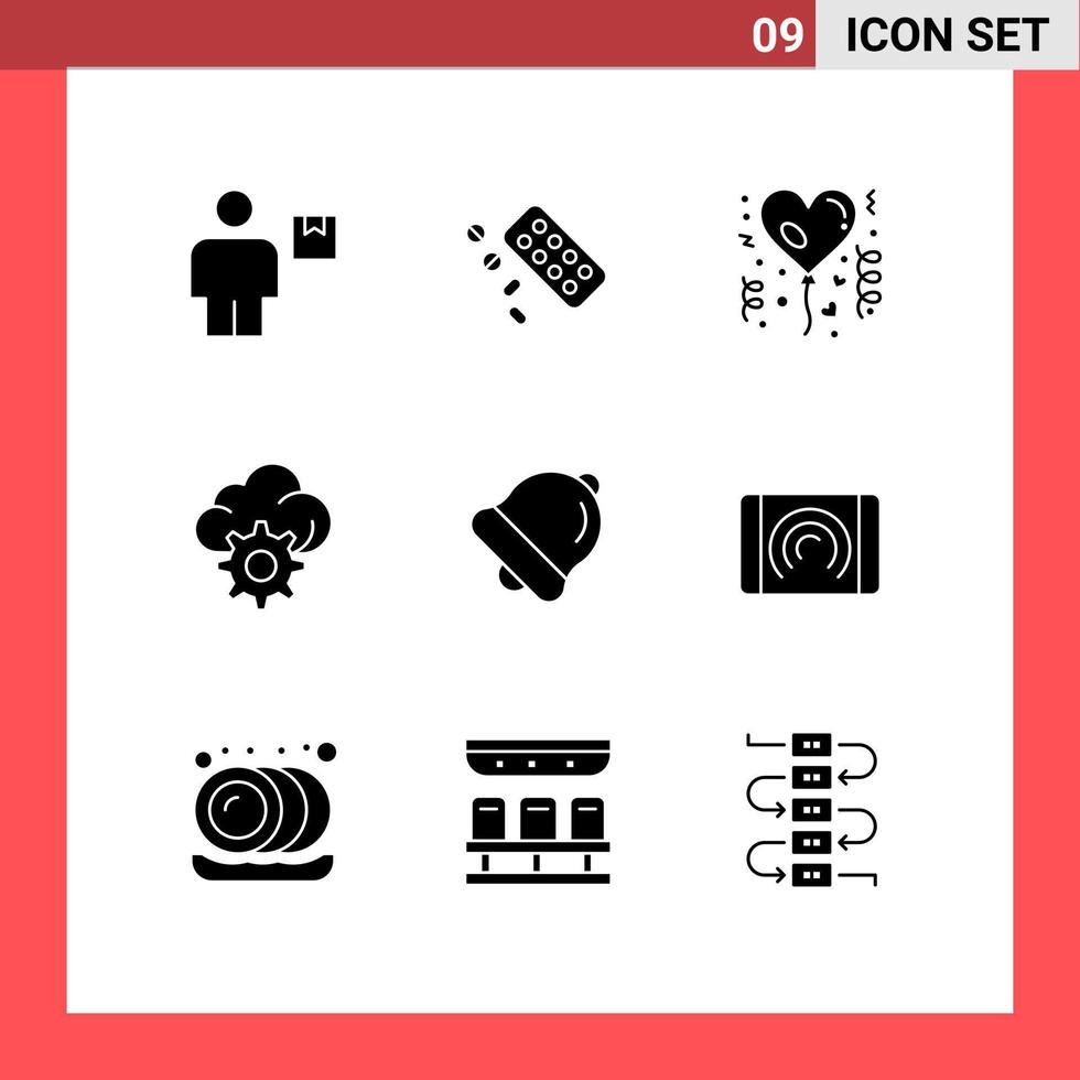 Set of 9 Modern UI Icons Symbols Signs for bell technology treatment gear celebration Editable Vector Design Elements