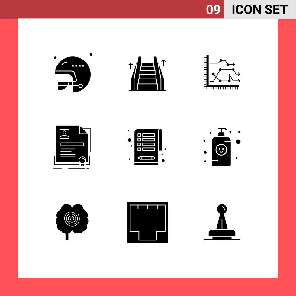 Pack of 9 creative Solid Glyphs of agreement badge analytics contract graph Editable Vector Design Elements