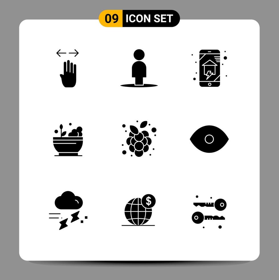 Set of 9 Vector Solid Glyphs on Grid for autumn fruits medicine domestics medical smart house Editable Vector Design Elements