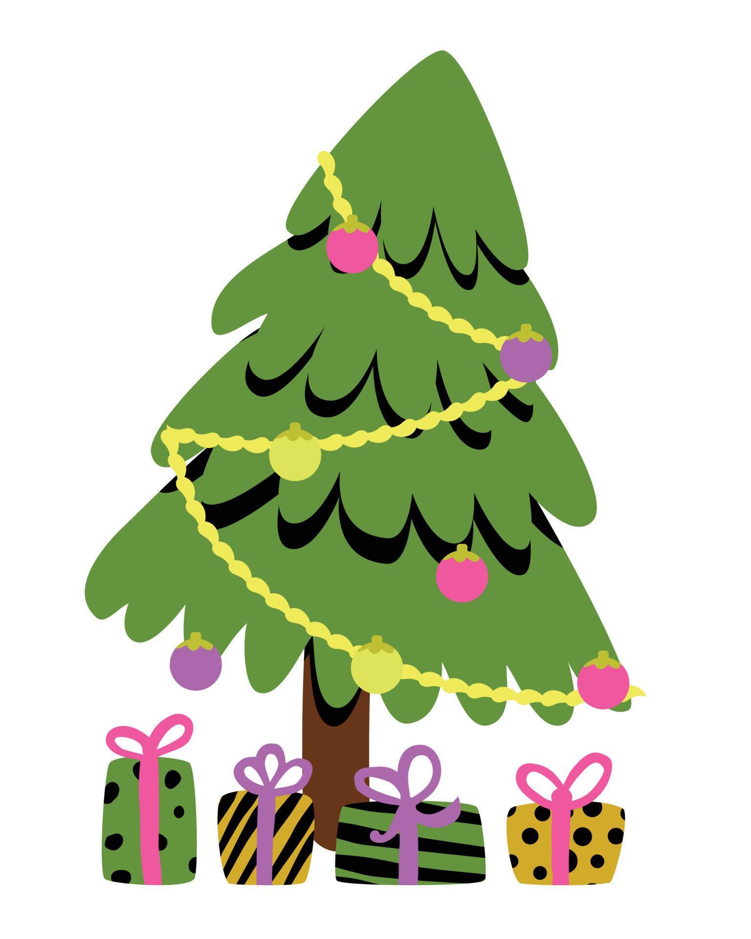 Decorated Christmas tree with gift boxes. Flat style with sharp black shadows vector 