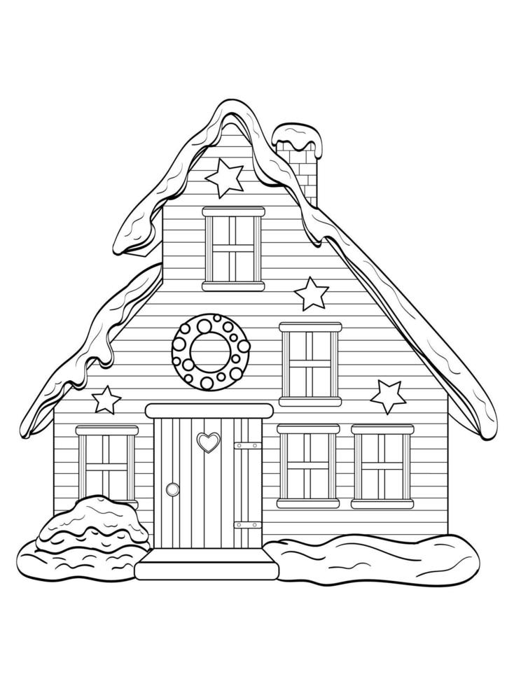 Winter house made of wood and bricks, with snow with Christmas tree, black outline isolated on white background, vector illustration, holiday decoration, coloring page