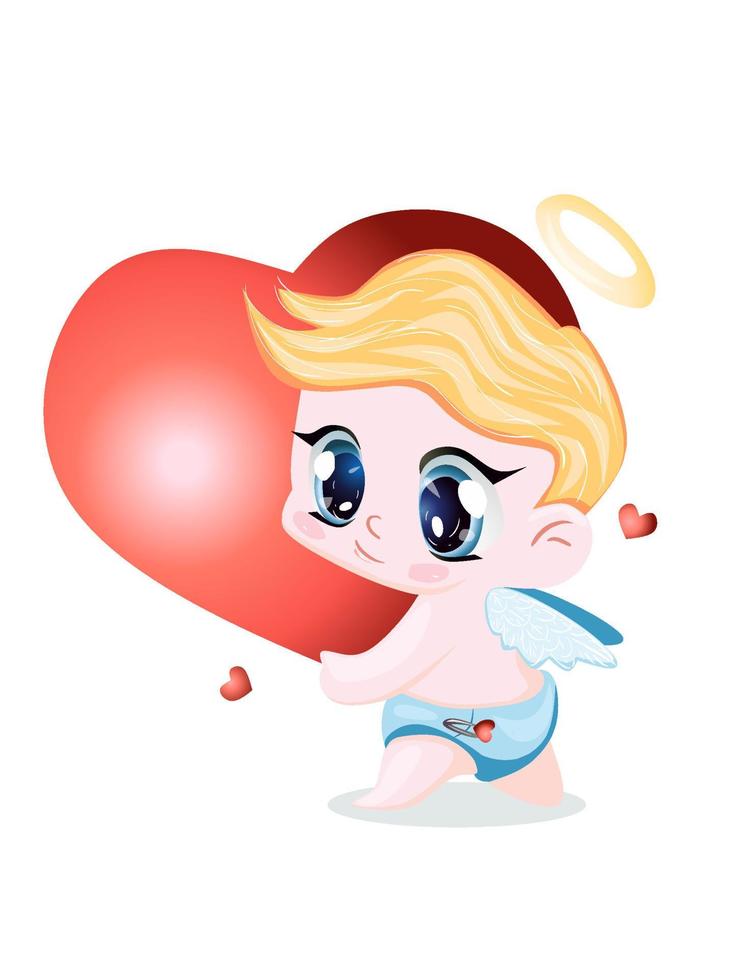 Cute little cupid, angel with blond hair holding a big red heart, vector illustration isolated on white background, Valentine's Day