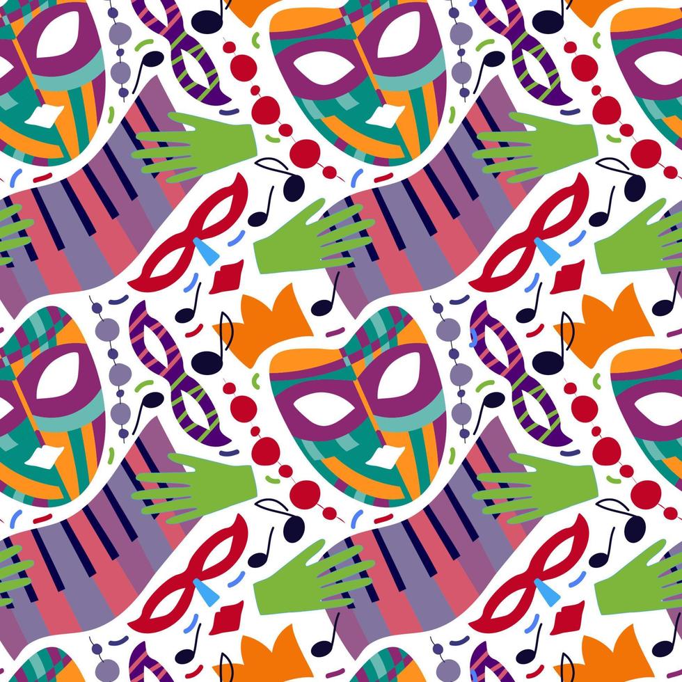 Hand drawn seamless pattern with carnival masks, hands and colourful abstract elements. White backgroud. pink, green, blue, purple colors. For new year prints, textiles, paper. vector