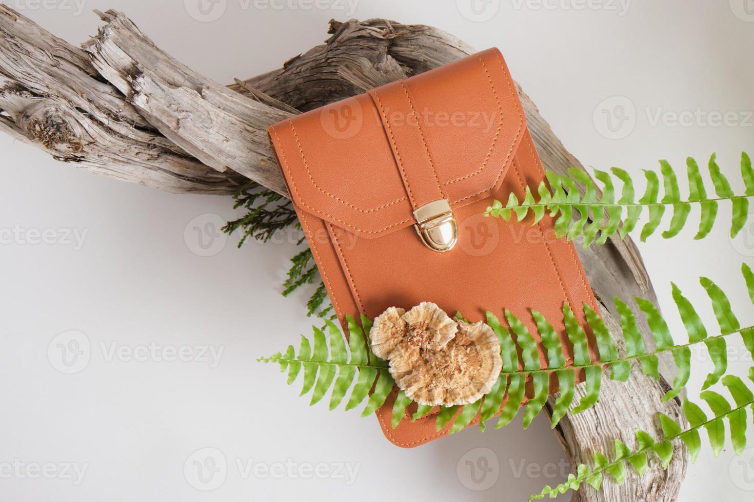 brown bag made of eco leather, mushrooms and fern on a gray background photo