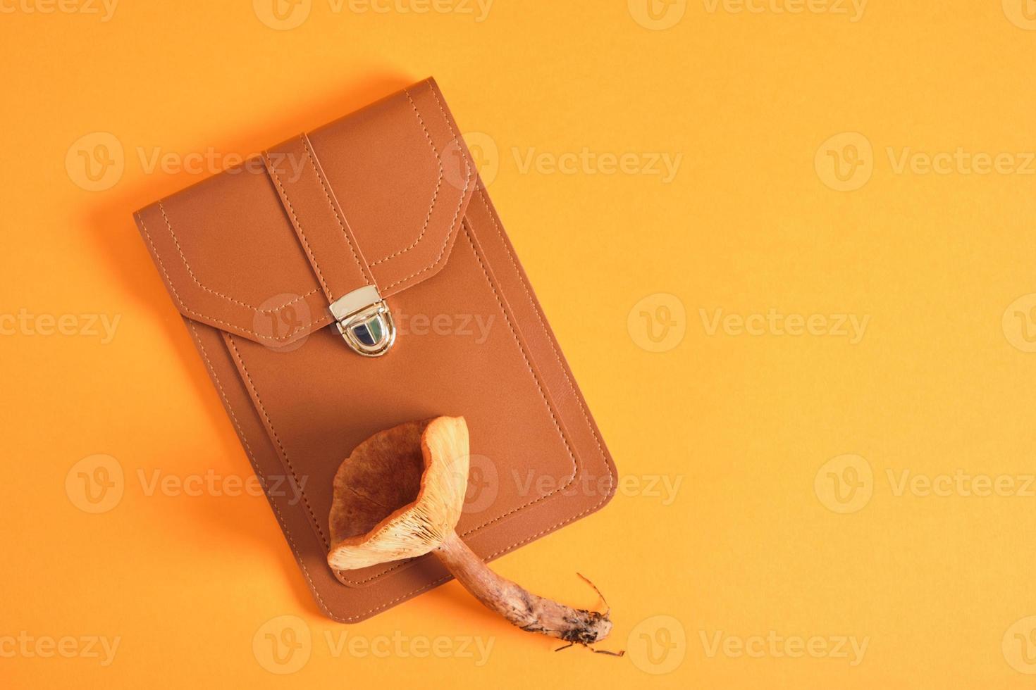 brown bag and mushroom on orange background, eco leather made from mushroom mycelium, vegan leather photo