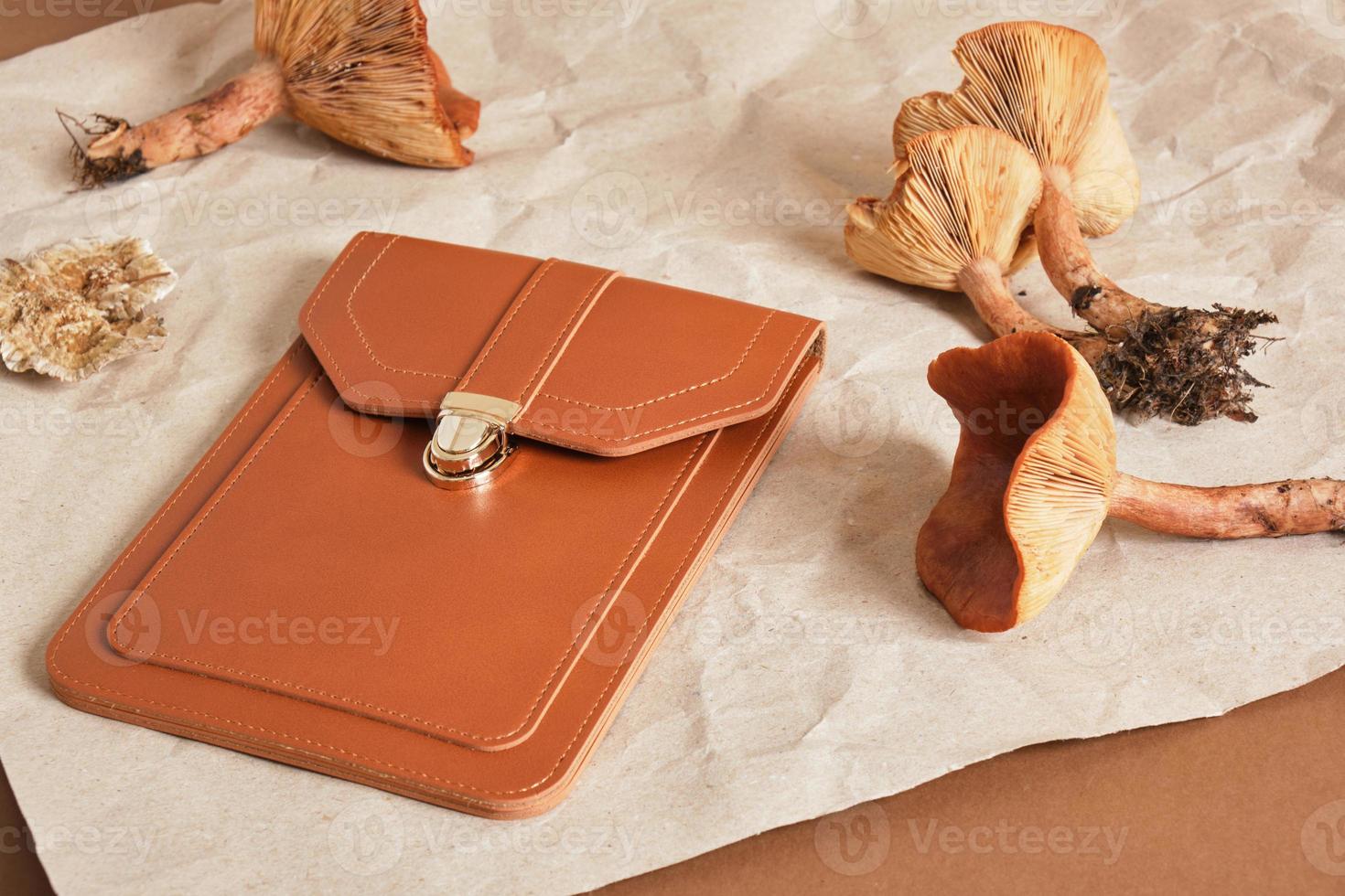 small brown bag and mushrooms on brown background photo