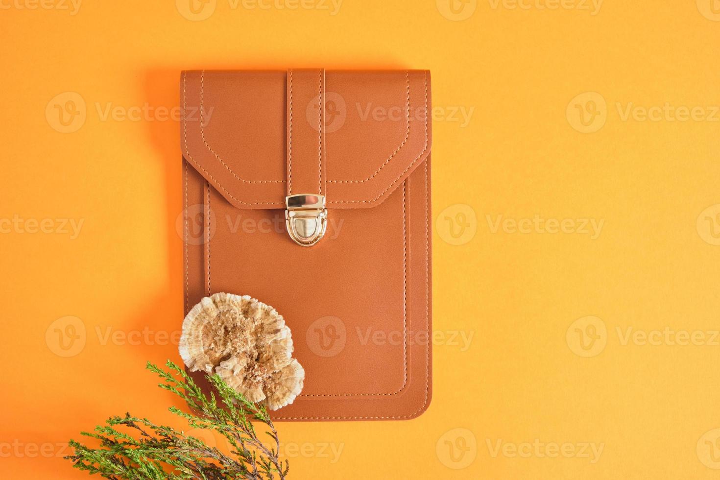 phone and wallet bag and mushroom, eco vegan skin made from mushroom mycelium photo