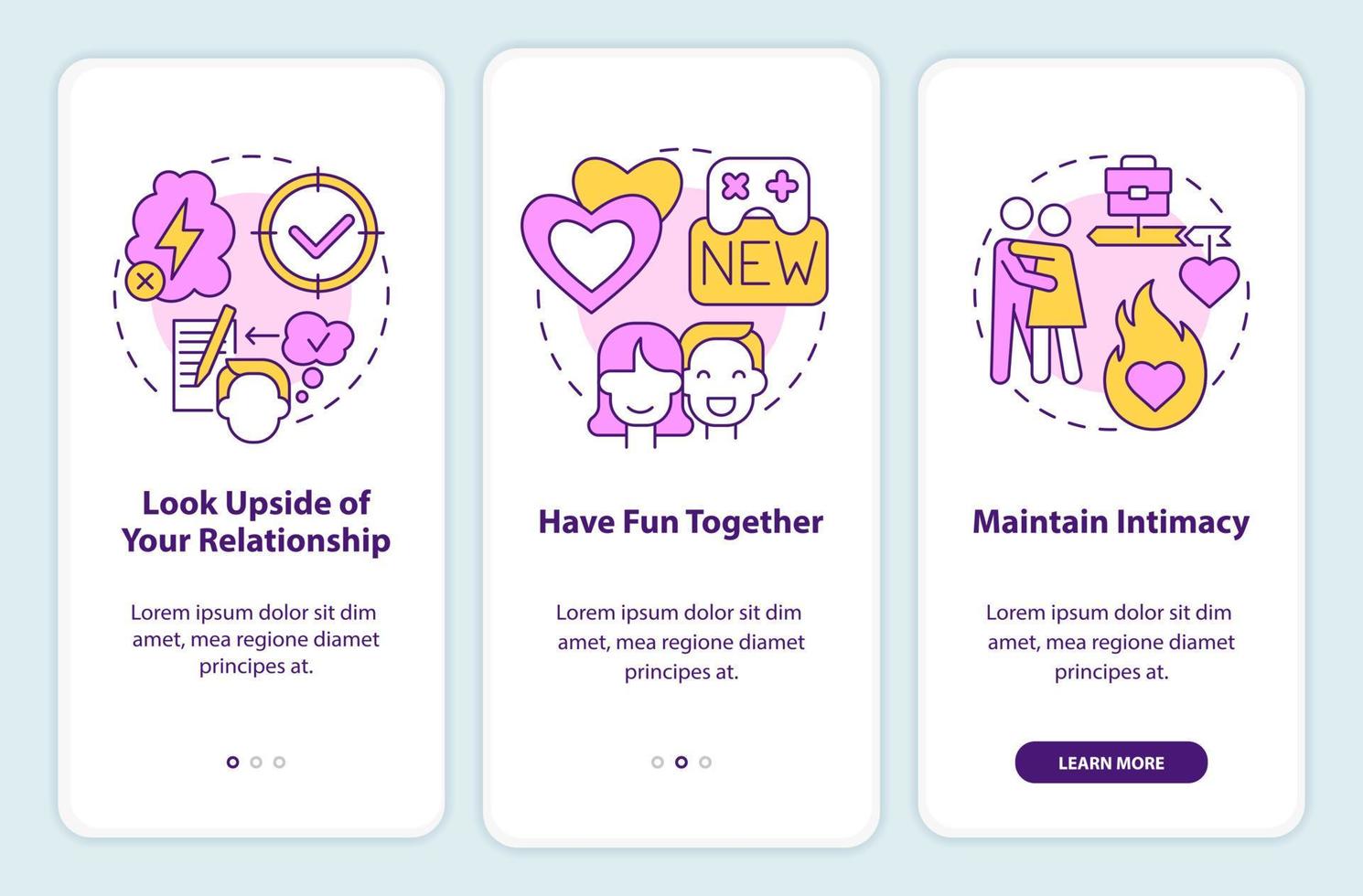 When you arent feeling it onboarding mobile app screen. Intimacy walkthrough 3 steps editable graphic instructions with linear concepts. UI, UX, GUI template. vector