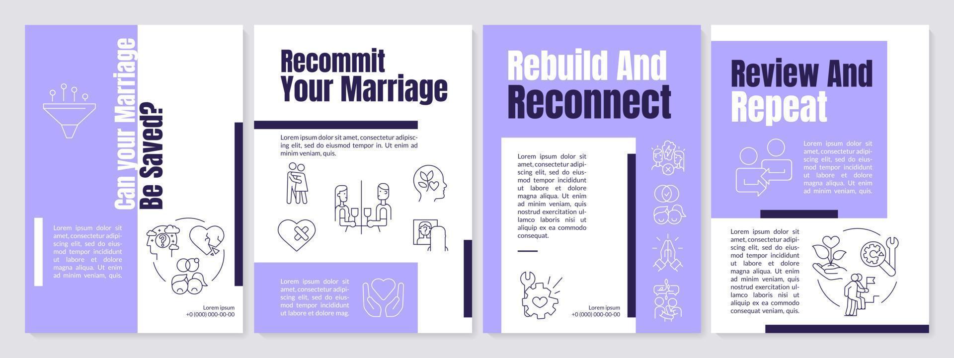 Save marriage from total collapse purple brochure template. Review, repeat. Leaflet design with linear icons. Editable 4 vector layouts for presentation, annual reports.