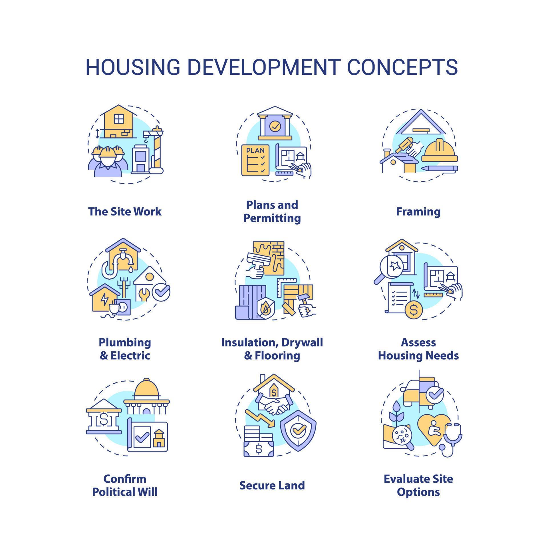 Housing development concept icons set. Building construction processes
