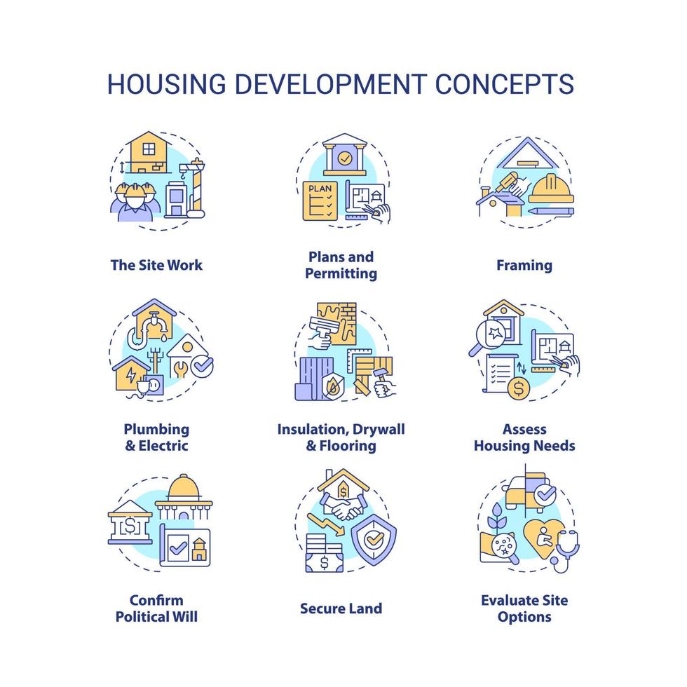 conjunto de iconos de concepto de desarrollo de vivienda. procesos de construcción de edificios idea ilustraciones en color de línea delgada. símbolos aislados. trazo editable. vector