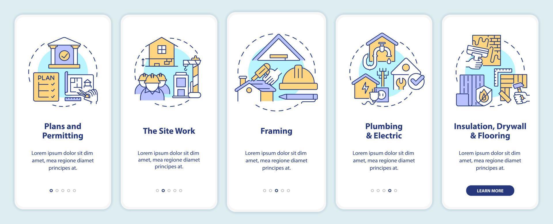 Phases of home building onboarding mobile app screen. Construction walkthrough 5 steps editable graphic instructions with linear concepts. UI, UX, GUI template. vector