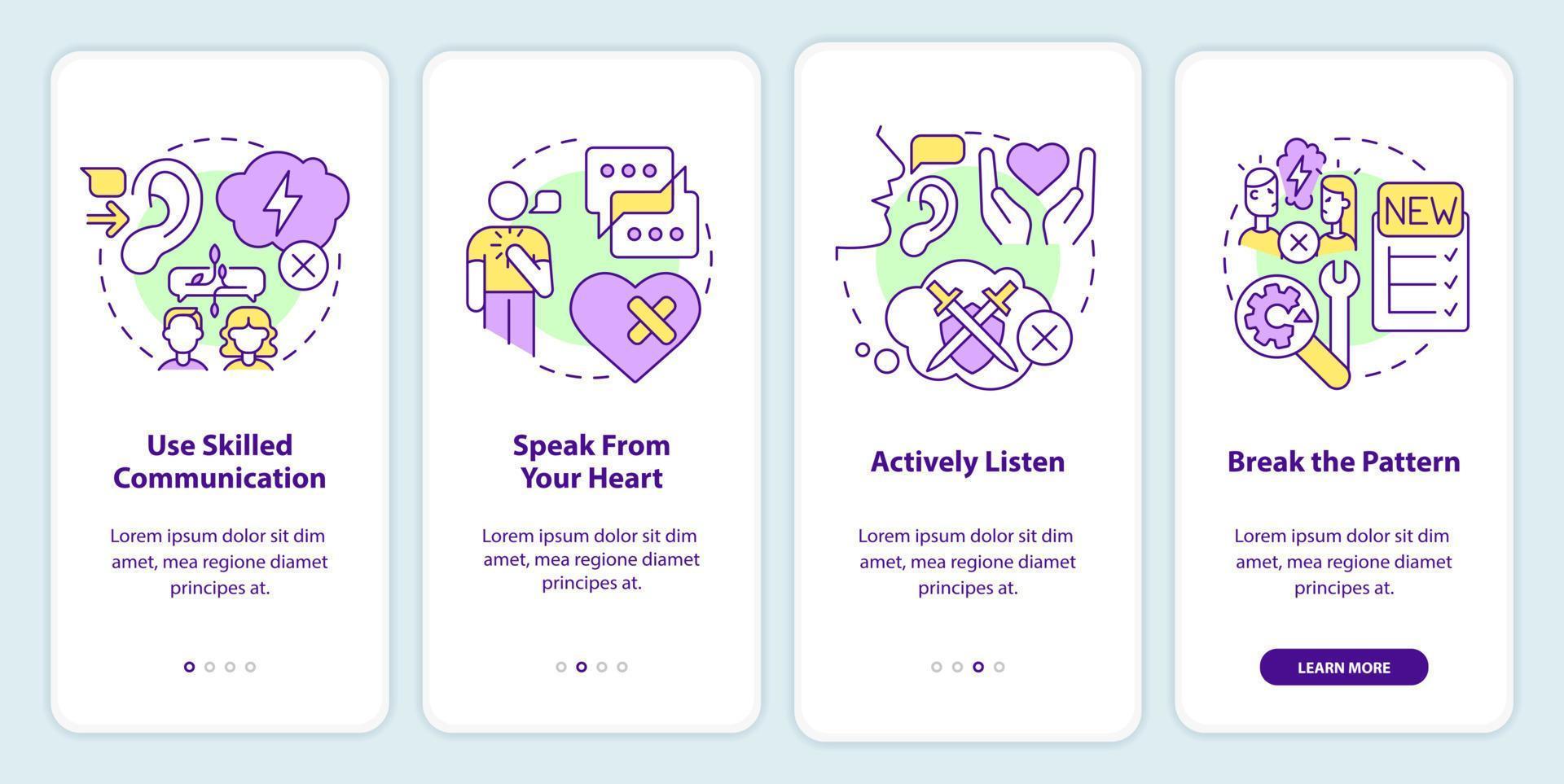 Fixing relationship after big fight onboarding mobile app screen. Walkthrough 4 steps editable graphic instructions with linear concepts. UI, UX, GUI template. vector