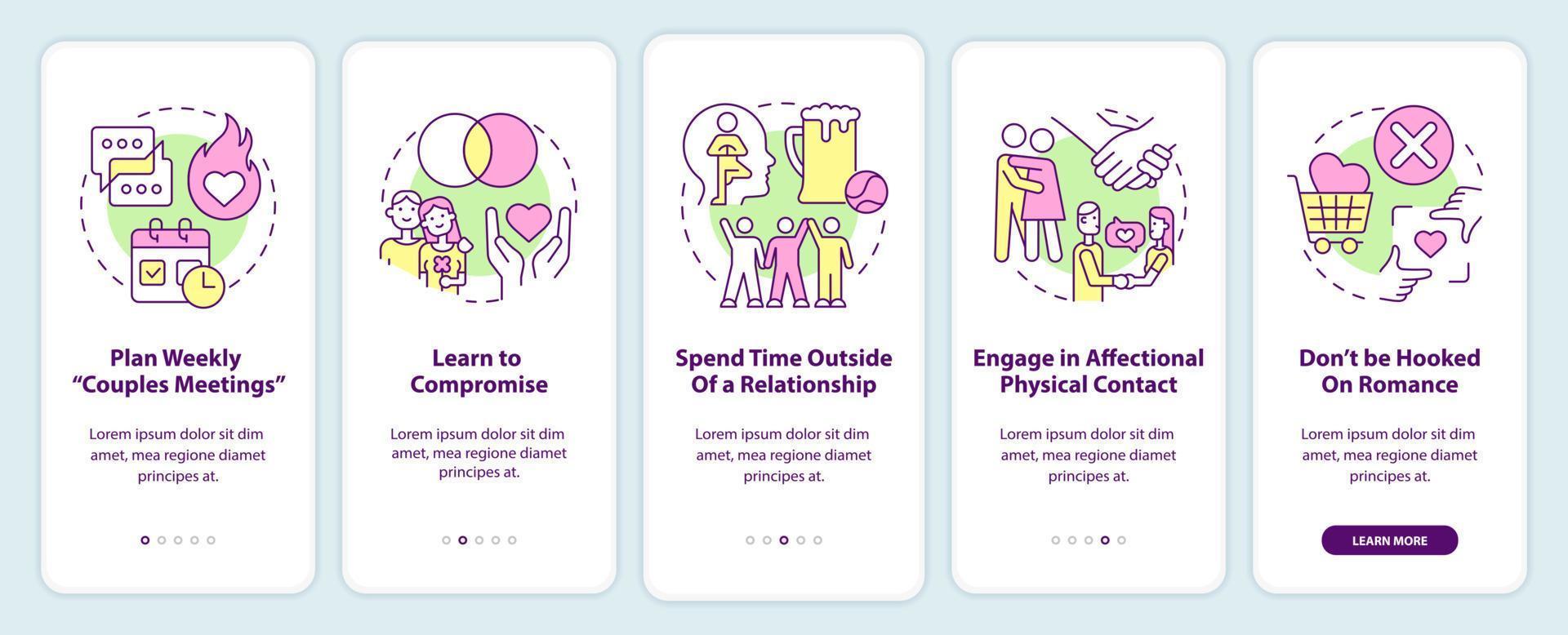 Fixing relationship when living together onboarding mobile app screen. Walkthrough 5 steps editable graphic instructions with linear concepts. UI, UX, GUI template. vector