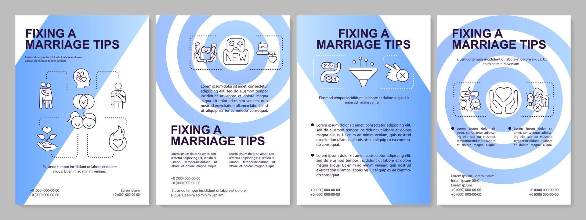 Saving broken marriage tips blue gradient brochure template. Communication. Leaflet design with linear icons. 4 vector layouts for presentation, annual reports.