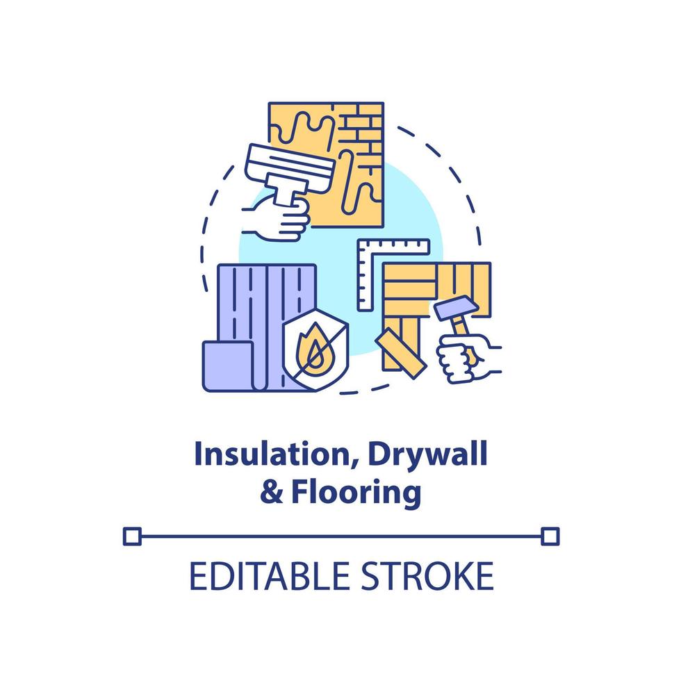 Insulation, drywall and flooring concept icon. Phase of home building abstract idea thin line illustration. Isolated outline drawing. Editable stroke. vector