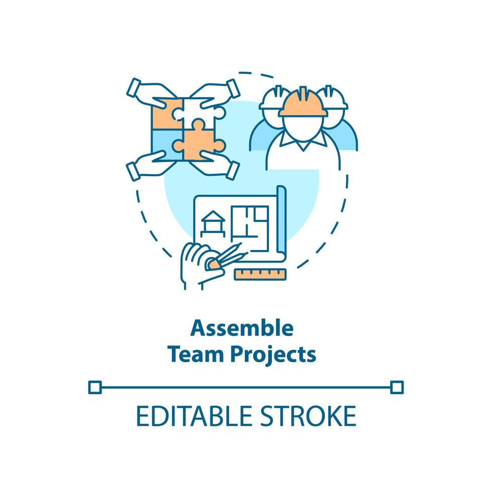 Assemble team projects concept icon. Collaboration. Tip for housing development abstract idea thin line illustration. Isolated outline drawing. Editable stroke. vector