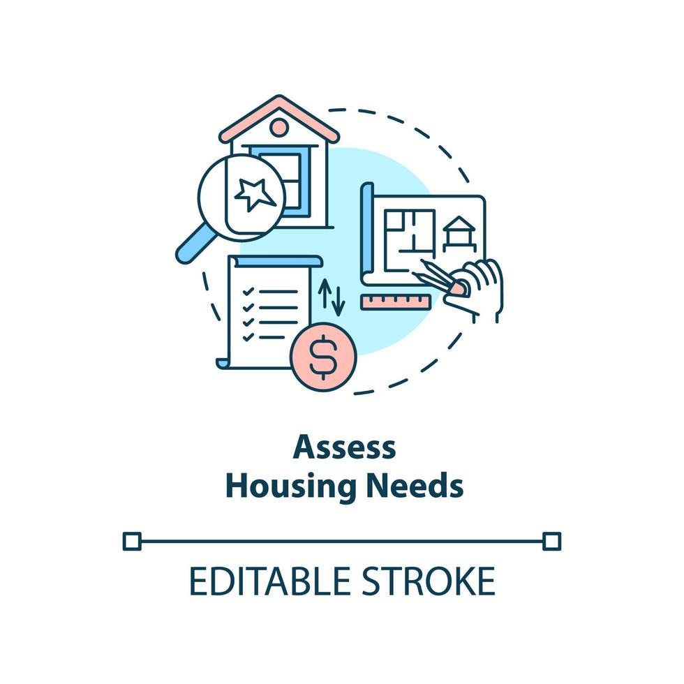 evaluar el icono del concepto de necesidades de vivienda. chequeo de propiedad. sugerencia para el desarrollo del hogar idea abstracta ilustración de línea delgada. dibujo de contorno aislado. trazo editable. vector