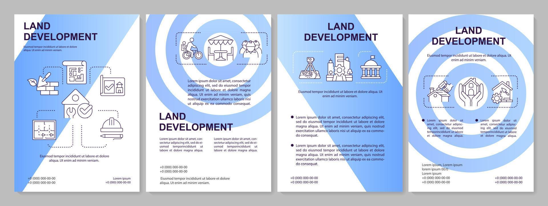 plantilla de folleto de degradado azul de proceso de desarrollo de tierras. mejora. diseño de folletos con iconos lineales. 4 diseños vectoriales para presentación, informes anuales. vector