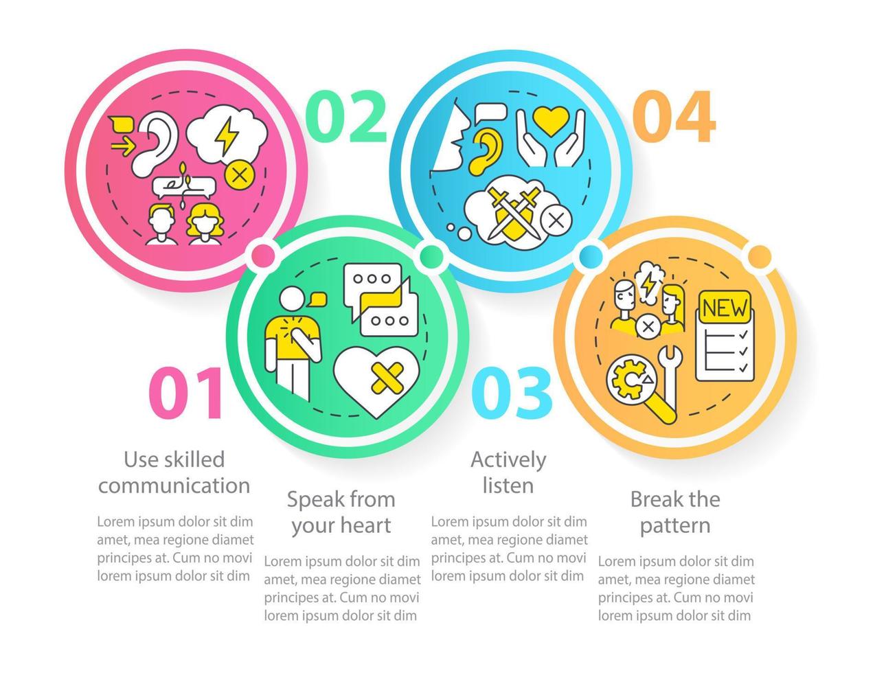 reconectando después de una gran plantilla infográfica de círculo de lucha. patrón de ruptura visualización de datos con 4 pasos. gráfico de información de línea de tiempo editable. diseño de flujo de trabajo con iconos de línea. vector