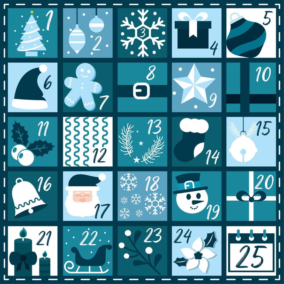 Calendario de adviento monocromo azul con ilustración de vector de objetos tradicionales