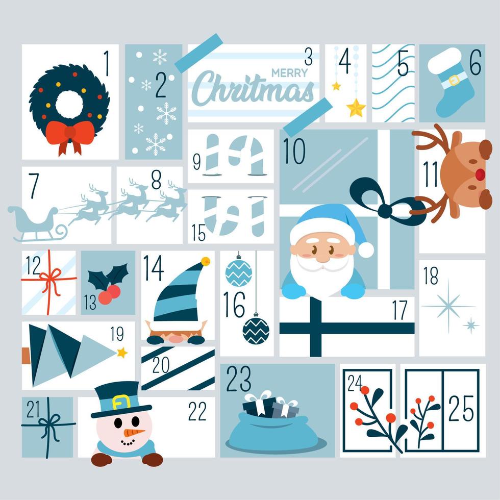 Calendario de adviento de navidad de color con objetos tradicionales ilustración vectorial vector