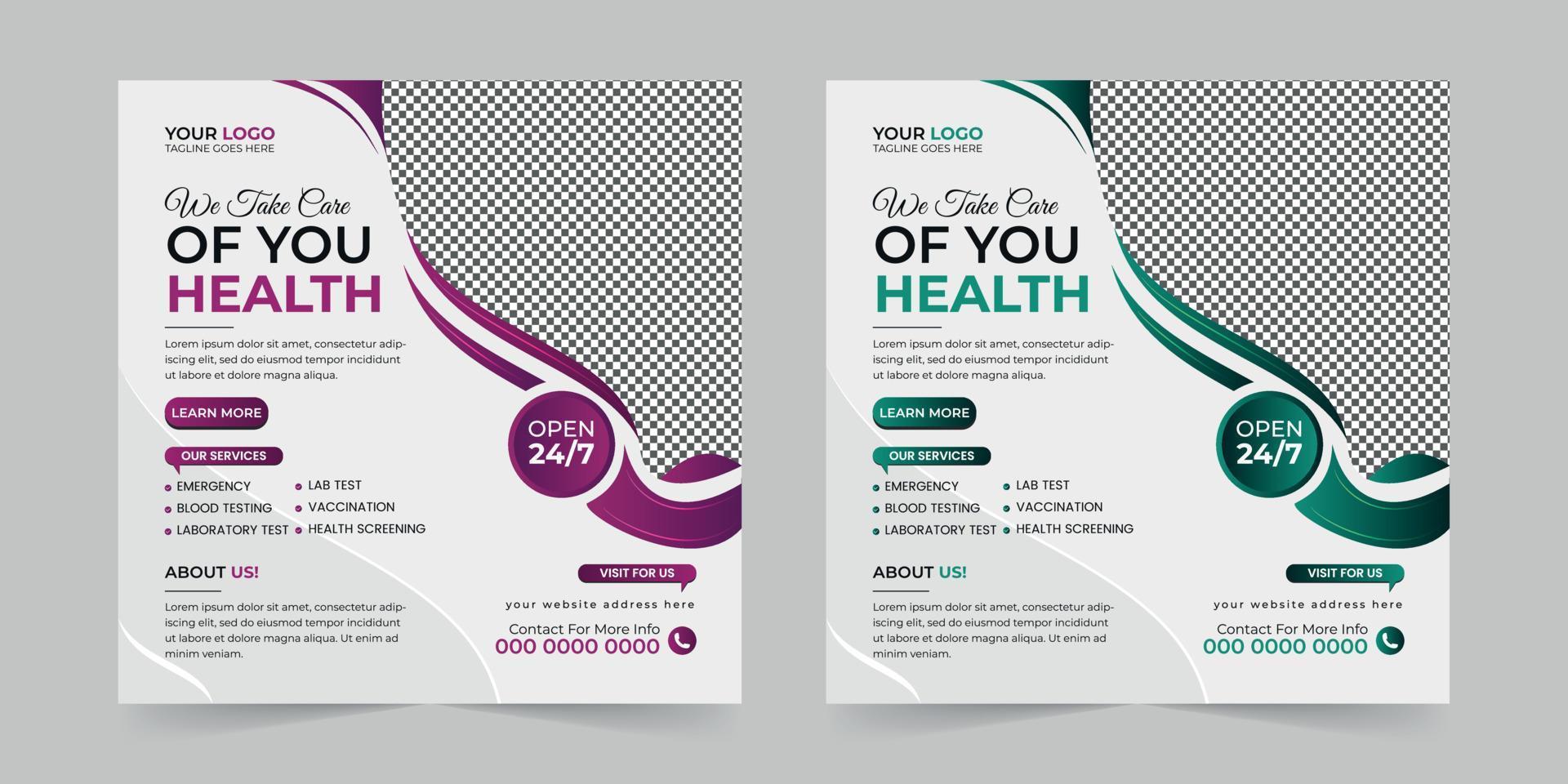 Medical healthcare square social media post, promotion web banner ads sales and discount banner vector template Design.