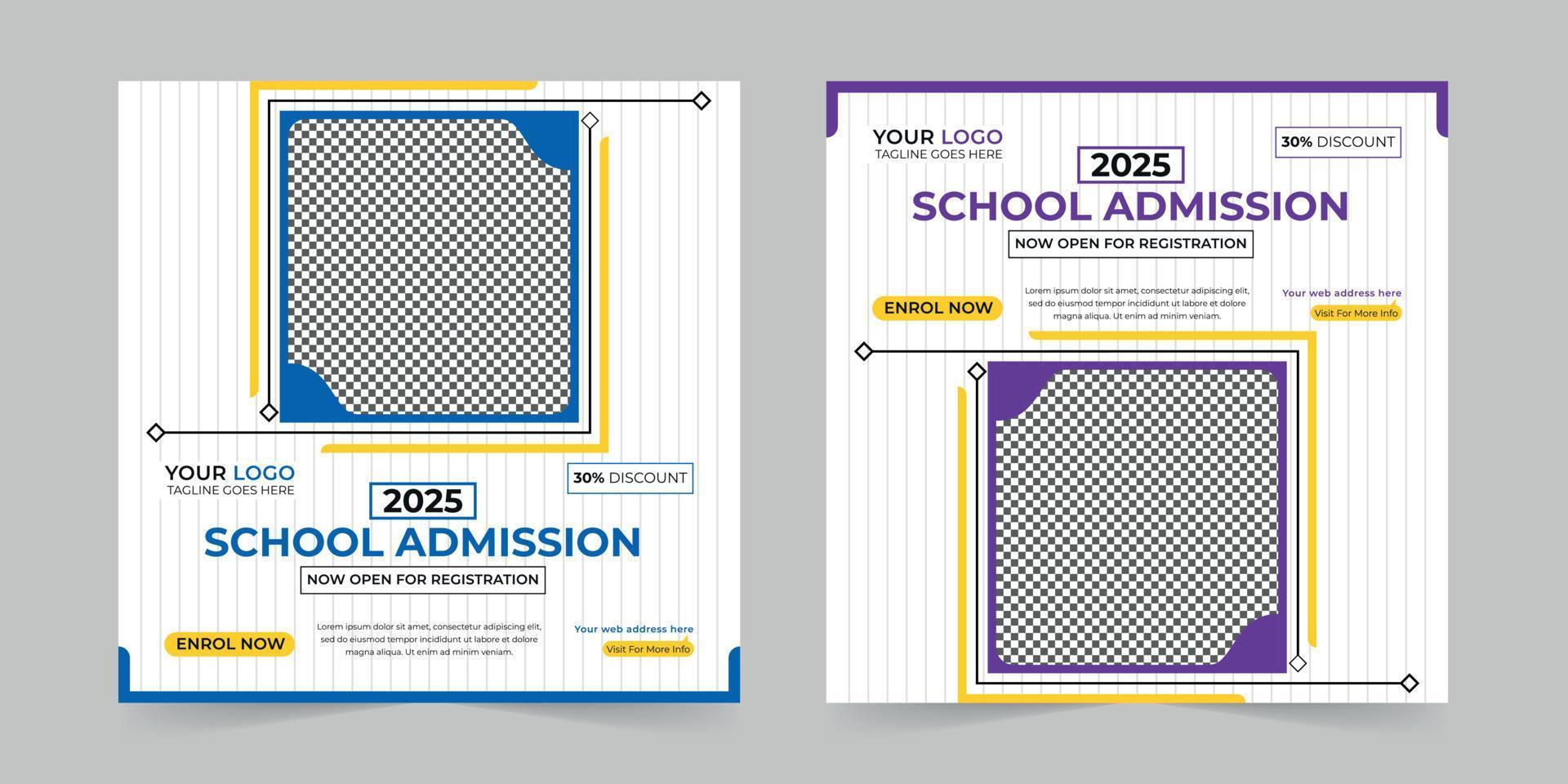 School admission digital marketing social media post, web banner promotion ads sales and discount banner vector template Design.