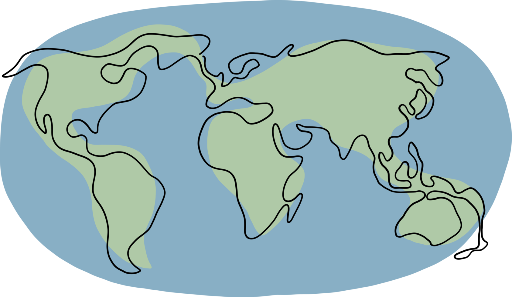 doodle carte du monde dessin continu à main levée. png