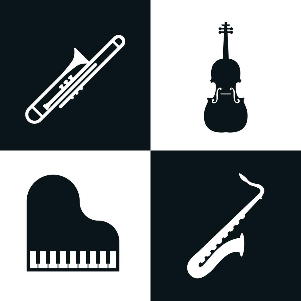 four jazz musical instruments vector silhouettes