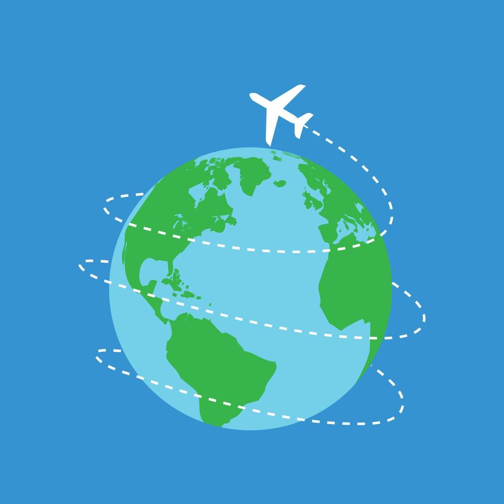 Paper Plane flying around the globe. Around the world travelling by plane, airplane trip in various country. Planet Earth. Travel and tourism concept vector