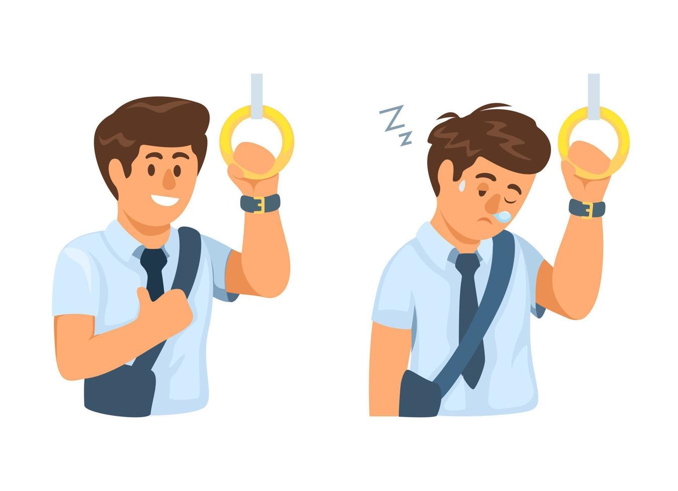 Man worker on train fit and tired and sleepy character set illustration vector