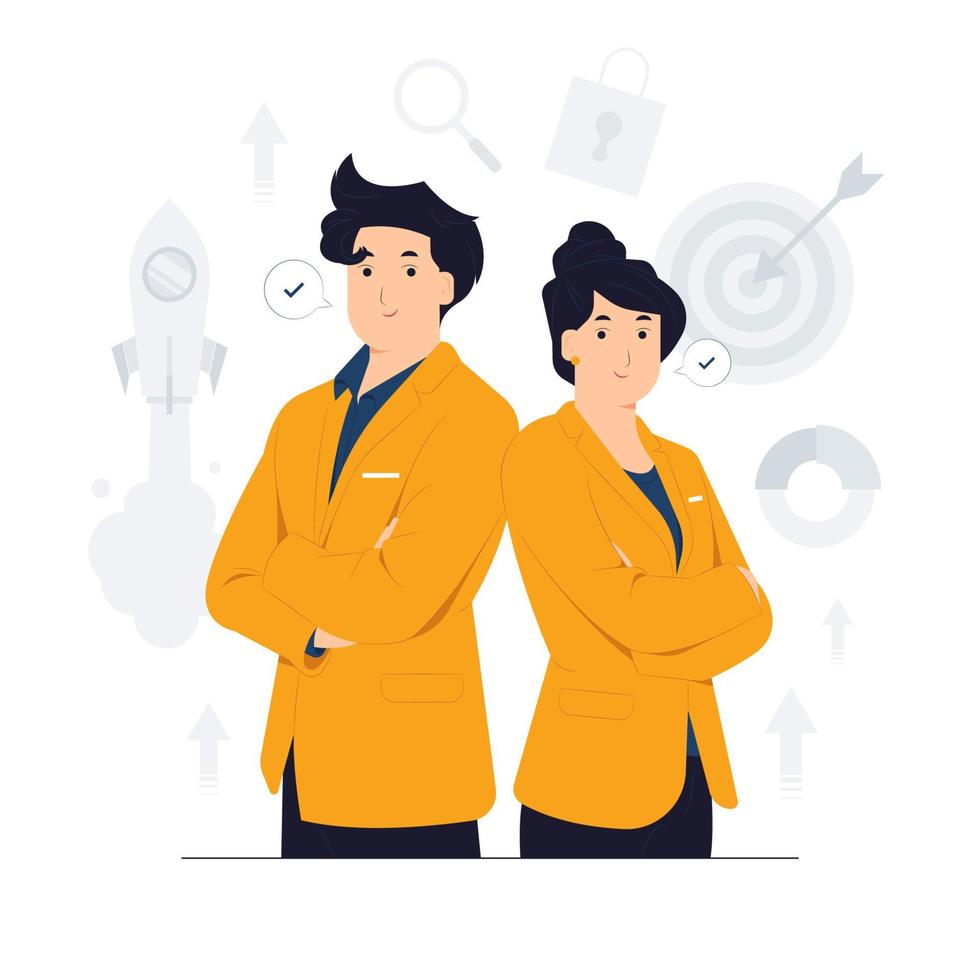 Businessman and businesswoman back to back as creative team work together as group collab with business goals concept illustration vector