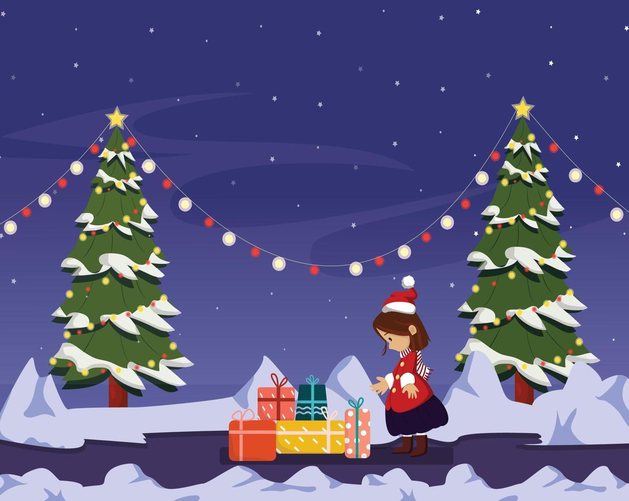Kid Christmas poster design with the gift. Christmas Illustration. vector
