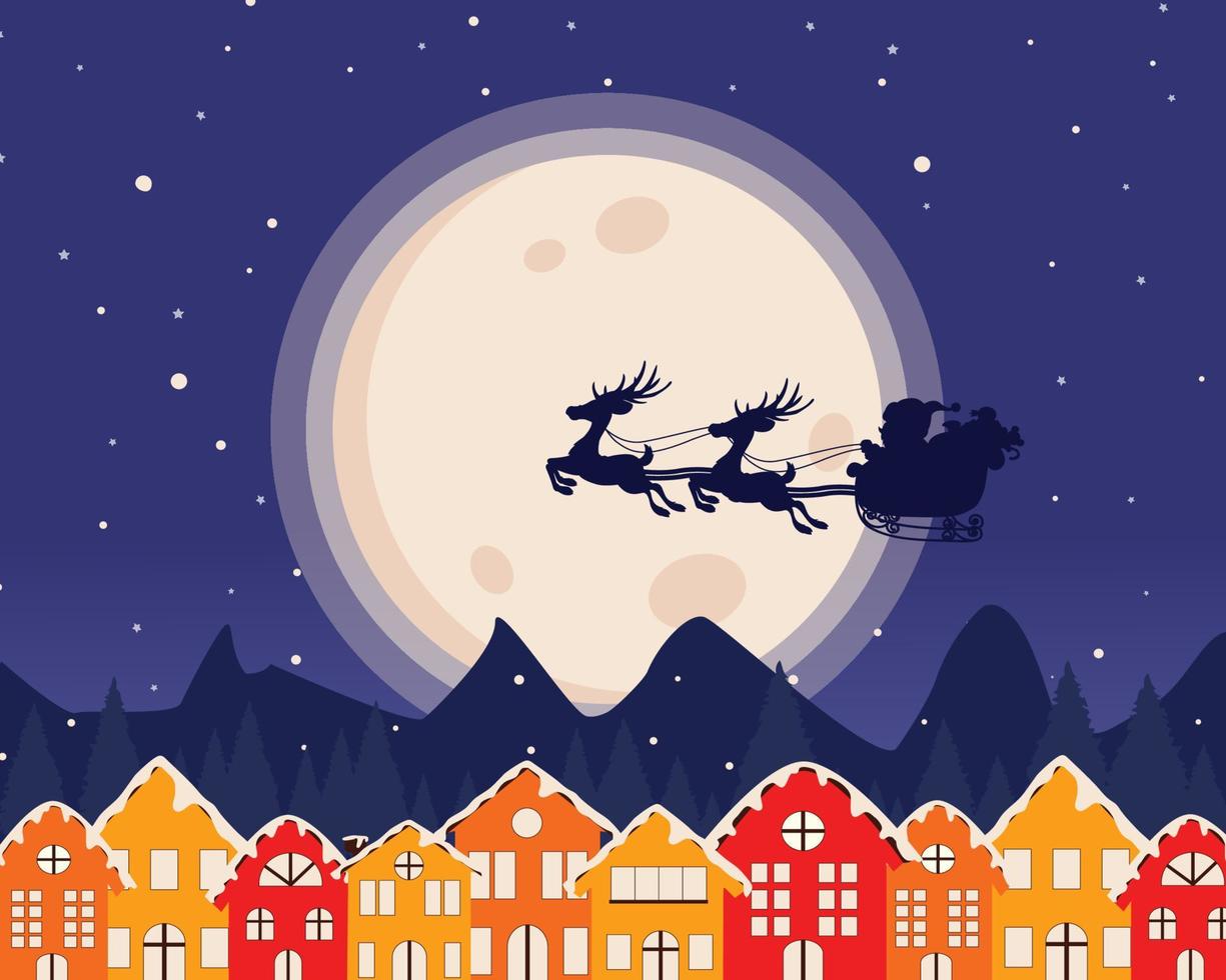 Snowy night scene with Santa Claus on the sleigh. vector