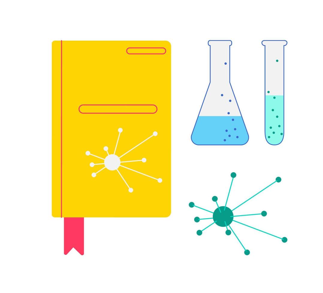 Textbook and flask for chemistry, bright vector illustration on white for design Day of Education