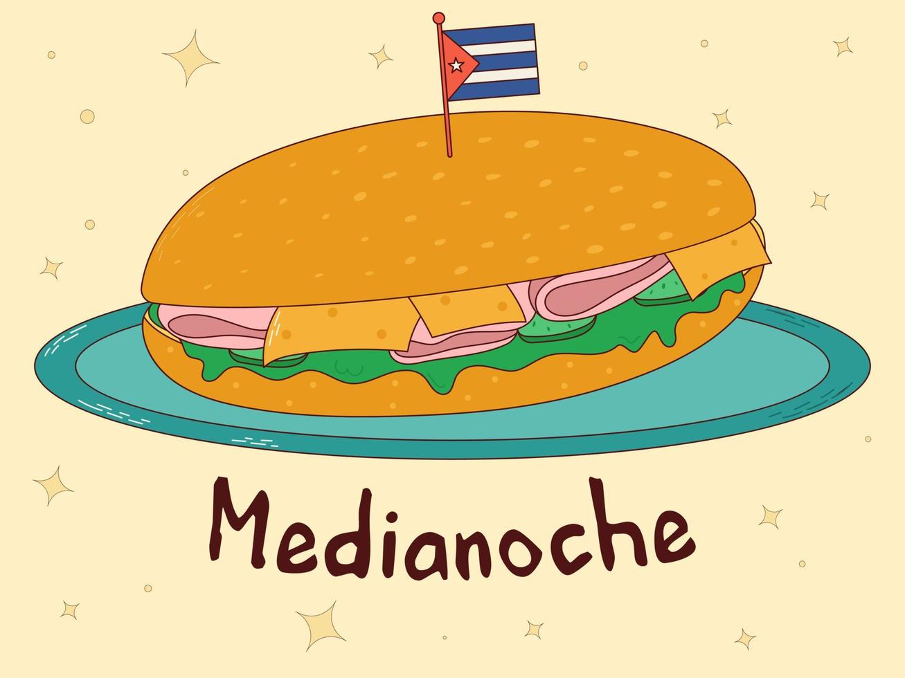 Cuban food. Medianoche. Traditional Cuban dish. Vector illustration