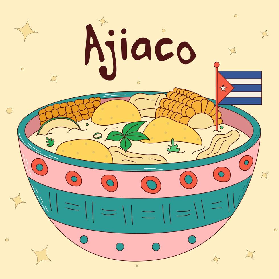 Cuban food. Ajiaco. Traditional Cuban dish. Vector illustration