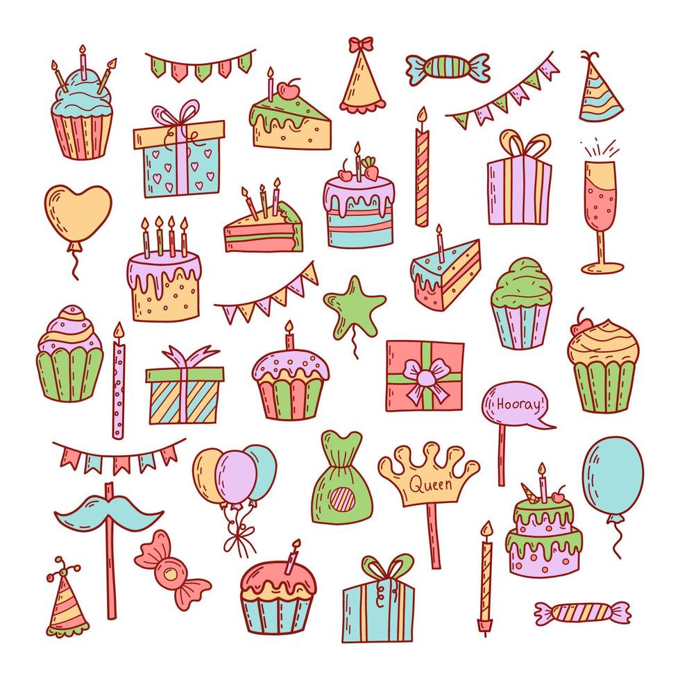 Birthday greeting party decorations. Gifts presents, cupcakes, celebration cake vector