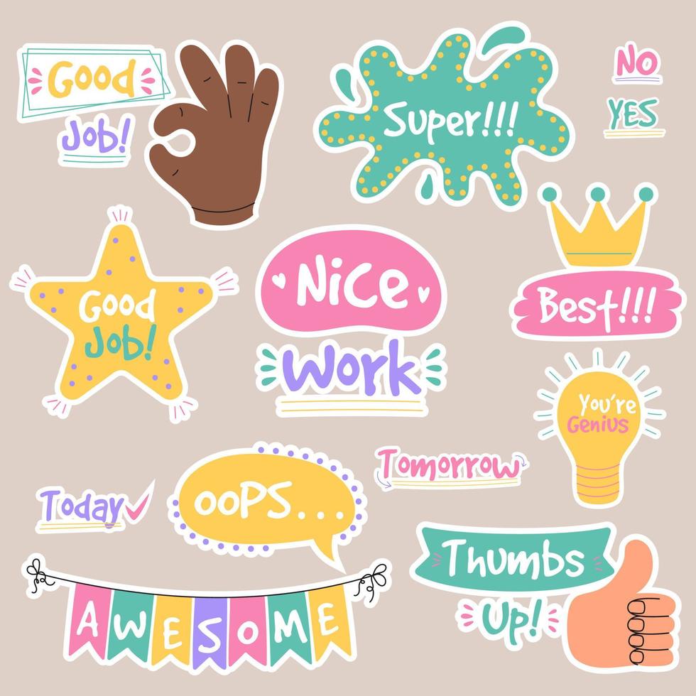 Job and great job groovy stickers pack. Set of reward stickers for teachers and kids. Hand drawn vector illustration.