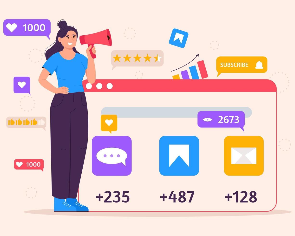 concepto de marketing en redes sociales con mujer con megáfono e íconos de smm. mujer joven gestionando procesos de estrategia de smm. ilustración vectorial plana. vector